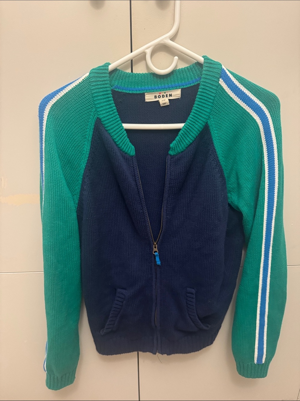 Boden Navy & Teal Zip Knit Sweater with Stripe Detail 11-12 - unisex